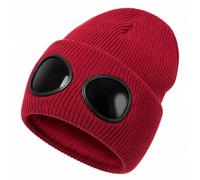 Goggle Knitted Beanie, Beanie With Goggles, Novelty Winter Hat (Burgundy)