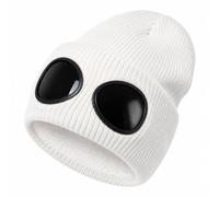 Goggle Knitted Beanie, Beanie With Goggles, Novelty Winter Hat (White)