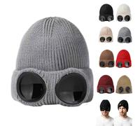 Goggle Knitted Beanie Hat,Windproof Warm Winter Skull cap，Gray