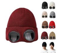 Goggle Knitted Beanie Hat,Windproof Warm Winter Skull cap，Wine Red