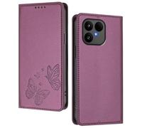 GOGME Custodia per Fairphone 6, Cover in Pelle Premium con Farfalla in Rilievo, Porta Carte, Supporto, Custodia Antiurto, Cover Portafoglio Flip - Viola Scuro