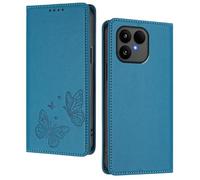 GOGME Custodia per Fairphone 6, Cover in Pelle Premium con Farfalla in Rilievo, Porta Carte, Supporto, Custodia Antiurto, Cover Portafoglio Flip - Azzurro