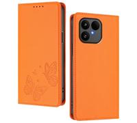 GOGME Custodia per Fairphone 6, Cover in Pelle Premium con Farfalla in Rilievo, Porta Carte, Supporto, Custodia Antiurto, Cover Portafoglio Flip - Arancione