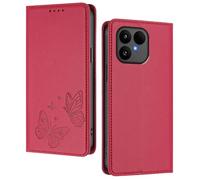 GOGME Custodia per Fairphone 6, Cover in Pelle Premium con Farfalla in Rilievo, Porta Carte, Supporto, Custodia Antiurto, Cover Portafoglio Flip - Rosso