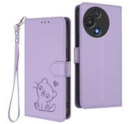 GOGME Custodia Portafoglio per TCL 60R 5G, Cover in Pelle con Gatto Carino, Chiusura Magnetica, TPU Bumper Antiscivolo & Supporto - Viola Chiaro