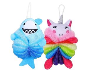 Gogogmee 2pezzi Spugna da Doccia Esfoliante in Luffa per Pulizia del Corpo Design di Unicorno e Squalo Adatta per Ragazzo Ragazza e Viaggi
