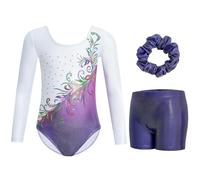 Gogokids - Maglia da ginnastica per ragazze a maniche lunghe con strass per bambini, con pantaloncini da ballo, B-bianco/viola, 6-7 Años