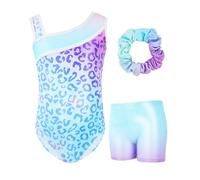 Gogokids - Set da ginnastica a tre pezzi per ragazze, body senza maniche con pantaloncini e fascia, vestito da ginnastica con design a colori scintillanti sfumati, età 3-12 anni, 120(110-120 cm,6-7Y)