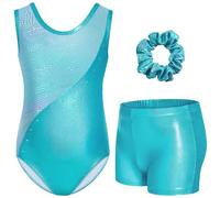 Gogokids Set da ginnastica a tre pezzi per ragazze con pantaloncini, body senza maniche da ginnastica con pietre preziose, abbigliamento da ginnastica scintillante per ragazze con design a blocchi di