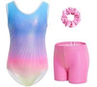 Gogokids Set da ginnastica da bambina, 3 pezzi, body senza maniche, con pantaloncini e fascia per capelli, per danza classica, con design sfumato per bambini dai 3 ai 12 anni, Arcobaleno, 140(130-140