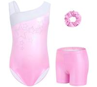 Gogokids Set da ginnastica da bambina, 3 pezzi, body senza maniche, con pantaloncini e fascia per capelli, per danza classica, con design sfumato per bambini dai 3 ai 12 anni, Rosa+Bianco-1, 120(110