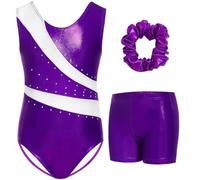 Gogokids Set da ginnastica da bambina, 3 pezzi, con pantaloncini, body da ginnastica senza maniche, con pietre preziose, vestito da ginnastica, abbigliamento sportivo per bambini dai 3 ai 12 anni