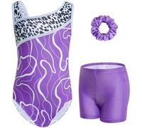 Gogokids - Set da ginnastica in 3 pezzi, con scollo a Y, senza maniche, con pantaloncini e fascia, con motivo a blocchi di colore blu e viola, 3-12 anni, 120(110-120 cm,6-7Y)