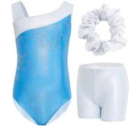 Gogokids - Set da ginnastica in 3 pezzi, con scollo a Y, senza maniche, con pantaloncini e fascia, con motivo a blocchi di colore blu e viola, 3-12 anni, Bianco/Blu, 120(110-120 cm,6-7Y)