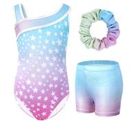 Gogokids - Set da ginnastica in 3 pezzi, con scollo a Y, senza maniche, con pantaloncini e fascia, con motivo a blocchi di colore blu e viola, 3-12 anni, Colore: rosa., 120(110-120 cm,6-7Y)