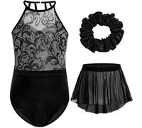 Gogokids Set da ginnastica per bambine, 3 pezzi, body da ginnastica per bambini, con strass e rete, design floreale, con leopardo, gonna in chiffon e fascia per capelli, regalo da ginnastica per 3-12,