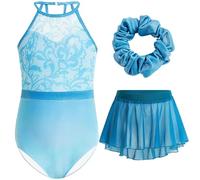 Gogokids Set da ginnastica per bambine, 3 pezzi, body da ginnastica per bambini, con strass e rete, design floreale, con leopardo, gonna in chiffon e fascia per capelli, regalo da ginnastica per 3-12,
