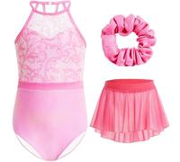 Gogokids Set da ginnastica per bambine, 3 pezzi, body da ginnastica per bambini, con strass e rete, design floreale, con leopardo, gonna in chiffon e fascia per capelli, regalo da ginnastica per 3-12,
