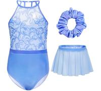 Gogokids Set da ginnastica per ragazze, 3 pezzi, body da ginnastica con strass e design floreale in rete, scintillante body da danza include body, gonna in chiffon e cravatta per capelli, regali per