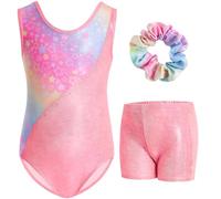 Gogokids Set da ginnastica per ragazze con pantaloncini, body da ginnastica senza maniche per bambini, vestito da ginnastica scintillante per ragazze e abbigliamento da danza per età da 3 a 12, Rosa,