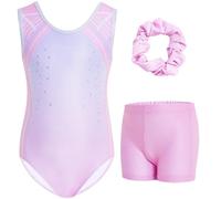 Gogokids Set da ginnastica senza maniche per ragazze in tre pezzi con pantaloncini, abiti da ginnastica scintillanti per bambini con strass e design incrociato, tute balletto per età 3-12, Rosa