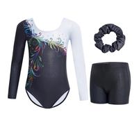 Gogokids Set di body da ginnastica a maniche lunghe a tre pezzi per ragazze - abiti da ginnastica per bambini con design a paillettes sfumate, unitards de ballet per 3-12 anni, Nero , 140(130-140 cm,9