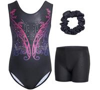 Gogokids Set di body da ginnastica da bambina, senza maniche, con pantaloncini e cravatta, con glitter e strass e design incrociato sulla schiena, per bambini dai 3 ai 12 anni, Nero , 150(140-150