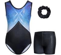 Gogokids - Set di tuta da ginnastica a tre pezzi senza maniche per ragazze con pantaloncini e fascia per capelli, Outfits da ginnastica glitterate per bambini con accenti di strass e design a schiena