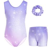 Gogokids - Set di tuta da ginnastica a tre pezzi senza maniche per ragazze con pantaloncini e fascia per capelli, Outfits da ginnastica con glitter per bambini con accenti di strass e design a schiena