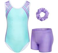 Gogokids - Set tuta da ginnastica a tre pezzi senza maniche per ragazze con pantaloncini e fascia per capelli, Outfits da ginnastica glitterate per bambini con accenti in strass e design a schiena