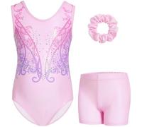 Gogokids - Set tuta da ginnastica a tre pezzi senza maniche per ragazze con pantaloncini e fascia per capelli, Outfits da ginnastica glitterate per bambini con accenti in strass e design a schiena