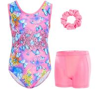 Gogokids - Set tuta da ginnastica a tre pezzi senza maniche per ragazze con pantaloncini e fascia per capelli, Outfits da ginnastica glitterate per bambini con accenti in strass e design a schiena