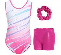 Gogokids - Set tuta da ginnastica a tre pezzi senza maniche per ragazze con pantaloncini e fascia per capelli, Outfits da ginnastica glitterate per bambini con accenti in strass e design a schiena