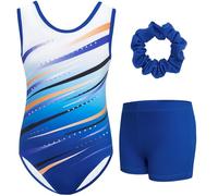 Gogokids - Set tuta da ginnastica a tre pezzi senza maniche per ragazze con pantaloncini e fascia per capelli, Outfits da ginnastica glitterate per bambini con accenti in strass e design a schiena