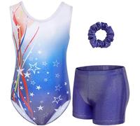 Gogokids - Set tuta da ginnastica a tre pezzi senza maniche per ragazze con pantaloncini e fascia per capelli, Outfits da ginnastica glitterate per bambini con accenti in strass e design a schiena