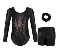 Gogokids Tuta da ginnastica a tre pezzi, a maniche lunghe, set da ginnastica con pantaloncini e fascia per capelli, maglia glitterata per danza classica, con design sfumato per 3-12 anni, Nero ,