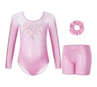 Gogokids Tuta da ginnastica a tre pezzi, a maniche lunghe, set da ginnastica con pantaloncini e fascia per capelli, maglia glitterata per danza classica, con design sfumato per 3-12 anni, rosa