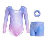 Gogokids Tuta da ginnastica a tre pezzi, a maniche lunghe, set da ginnastica con pantaloncini e fascia per capelli, maglia glitterata per danza classica, con design sfumato per 3-12 anni, viola