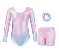 Gogokids Tuta da ginnastica a tre pezzi, a maniche lunghe, set da ginnastica con pantaloncini e fascia per capelli, maglia glitterata per danza classica, con design sfumato per 3-12 anni, rosa chiaro,