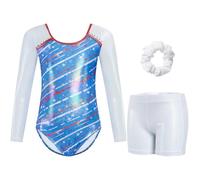 Gogokids Tuta da ginnastica a tre pezzi, a maniche lunghe, set da ginnastica con pantaloncini e fascia per capelli, maglia glitterata per danza classica, con design sfumato per 3-12 anni, bianco,