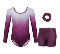 Gogokids Tuta da ginnastica a tre pezzi, a maniche lunghe, set da ginnastica con pantaloncini e fascia per capelli, maglia glitterata per danza classica, con design sfumato per 3-12 anni, Gradiente