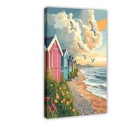 GOIAEGAG Stampa artistica da parete su tela con molo di Brighton con capanne sulla spiaggia e ghiaia sulla costa, decorazione artistica da parete per soggiorno e camera da letto, 50 x 75 cm