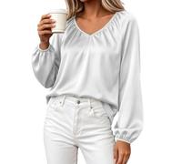 Going Out Top da donna in raso con maniche a palloncino e scollo a V | Camicia in tinta unita setosa classica comoda base elegante cena caffè appuntamenti tempo libero vacanze viaggi vacanze in