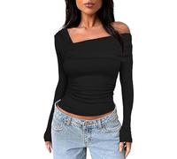 Going Out Top da donna UK - Top aderente a maniche lunghe con spalle aderenti, asimmetrico, slim fit, crop top, casual, top basic Y2K, top con spalle scoperte, elegante top da lavoro nero estetico