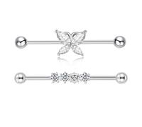 Gojewen 2 pezzi Barre industriali 38mm Argento Acciaio inossidabile Farfalla Impalcatura Piercing Gioielleria 14G