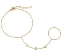 Gokeey - Bracciale a catena in oro da donna, alla moda, delicato bracciale in oro 14 carati, catena a mano, anello da dito, bracciale schiavo, zirconi cubici, gioielli da donna, 9 pulgadas, Ottone
