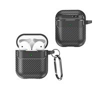GOKEN Cover per Airpods 1/2, Silicone TPU Fibra di Carbonio Custodia, Protettiva Case con Moschettone, Antiurto Protezione Shell, LED Frontale Visibile, Nero
