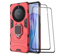 GOKEN Cover per Honor X9a / Magic5 Lite 5G (Magic 5 Lite 5G) + 2 Vetro Temperato, TPU/PC Dual Layer Hybrid Armor Custodia con Supporto Magnetico Auto, Silicone Case con 360° Girevole Anello, Rosso