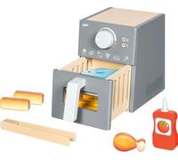 goki 51430 - Friggitrice ad aria calda giocattolo in legno, set da 16 pezzi con pinza in legno, carne, pesce, bacchette di pesce, patatine fritte, ketchup - accessori per mansshop e cucina giochi