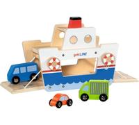 goki 53766 - Traghetto auto gokiLINE in legno con manovella e 3 veicoli, traghetto giocattolo con auto, set da gioco per auto